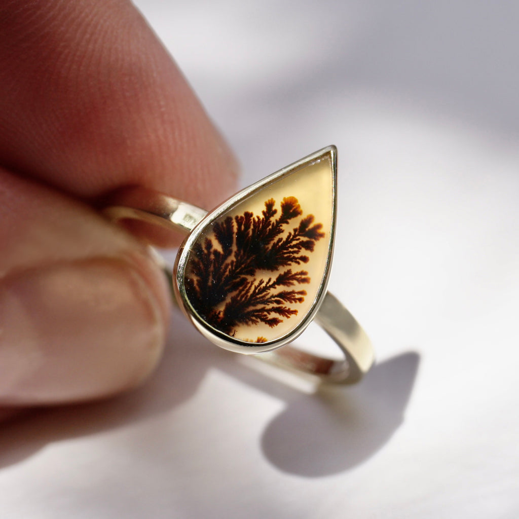 9ct Yellow Gold Dendritic Agate Pear Ring