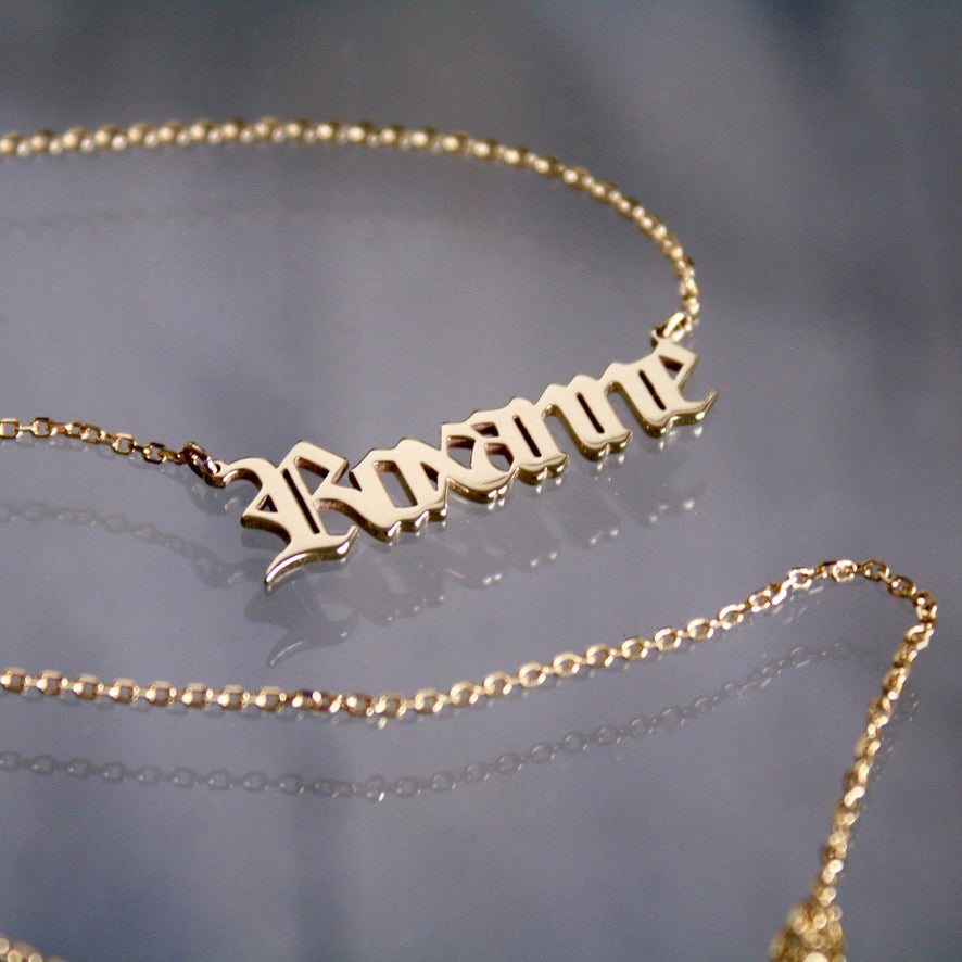 9ct Gold Custom Old English Name Necklace by jade rabbit design 