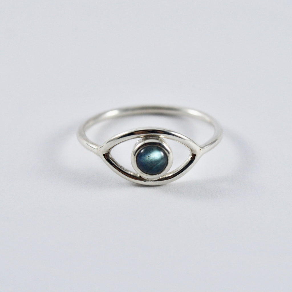 A dainty all seeing eye ring with a labradorite set in the centre by Jade Rabbit Design