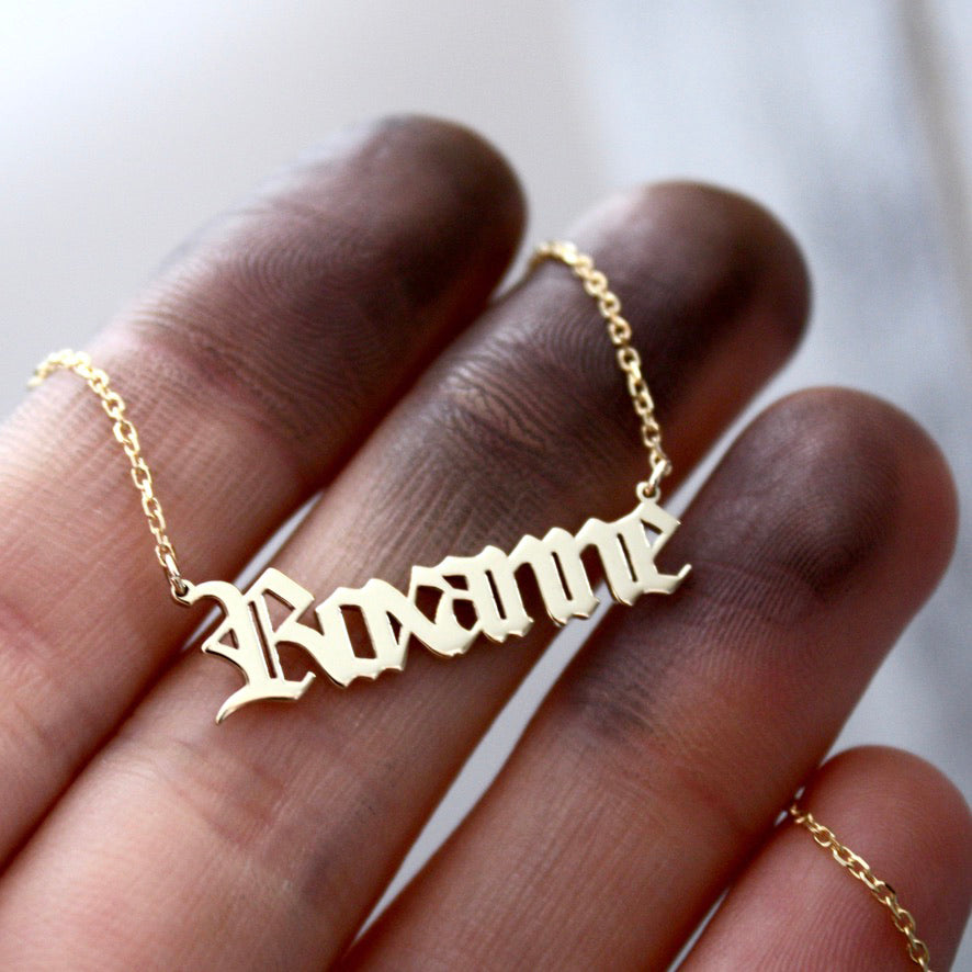 9ct Gold Custom Old English Name Necklace by jade rabbit design 